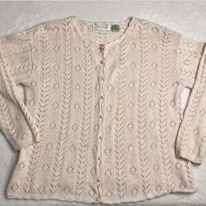 VNTG Shenanigans Baby Pink Lacy Knit Cotton/Ramie Coquette Cardigan sz L Girly